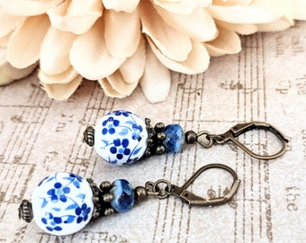 Delft Blue Earrings, Leverback Earrings Artisan Hypoallergenic, 7th Anniversary Gift for Wife, Mothers Day Gift for Her, Cottage, Flowercore