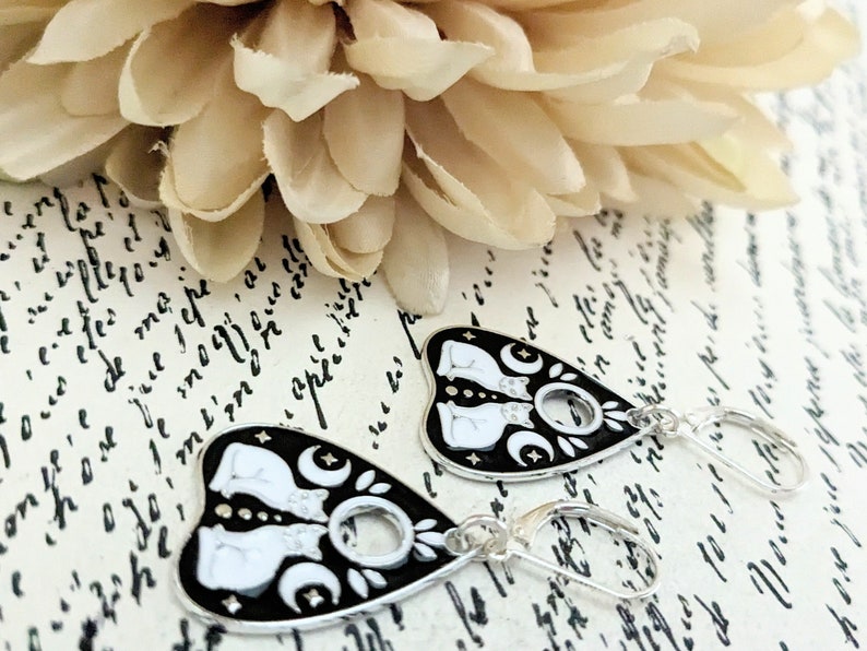 Sterling Silver Ouija Board Earrings, Planchette Earrings, Black Cat Moon Earrings Dangle, Lunar Gift for Her, Whimsigoth Gifts for Sister image 6