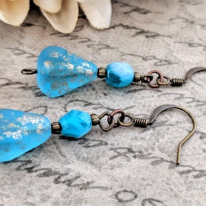 Teardrop Earrings Dangle, Aqua Earrings Bronze, Mothers Day Gift for Wife, Boho Earrings for Women, Ocean Blue Earrings Handmade Jewelry image 2