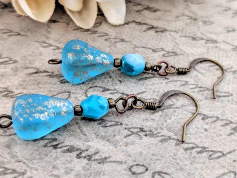 Teardrop Earrings Dangle, Aqua Earrings Bronze, Mothers Day Gift for Wife, Boho Earrings for Women, Ocean Blue Earrings Handmade Jewelry image 2