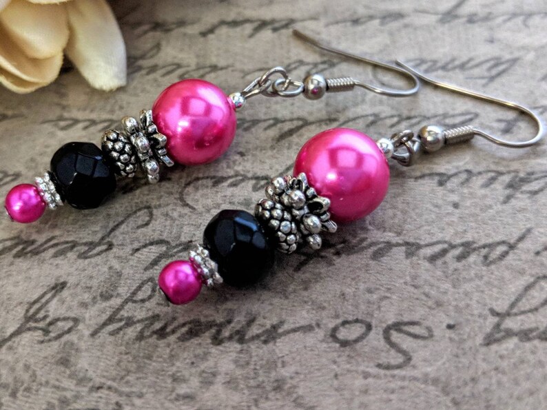 Sterling Silver Hot Pink Earrings Dangle, Hypoallergenic, Pearl Earrings Bridesmaids Gift for Her, Fuchsia Earrings, Barbiecore Jewelry image 3