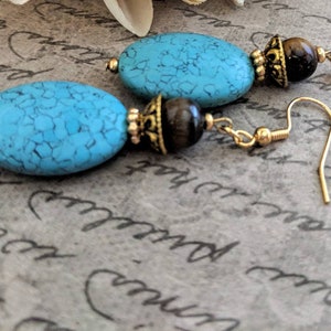 Turquoise Earrings Gold, Boho Dangle Earrings Handmade, Organic Earrings, Chunky Earrings Bohemian, Birthday Gift for Her, Statement Jewelry image 2