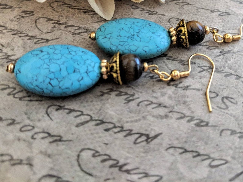 Turquoise Earrings Gold, Boho Dangle Earrings Handmade, Organic Earrings, Chunky Earrings Bohemian, Birthday Gift for Her, Statement Jewelry image 2