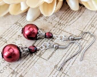 Holiday Jewelry, Christmas Jewelry, Holiday Earrings Gift, Adult Christmas Gift for Her, Christmas Earrings Red Pearl Earrings Gift for Mom