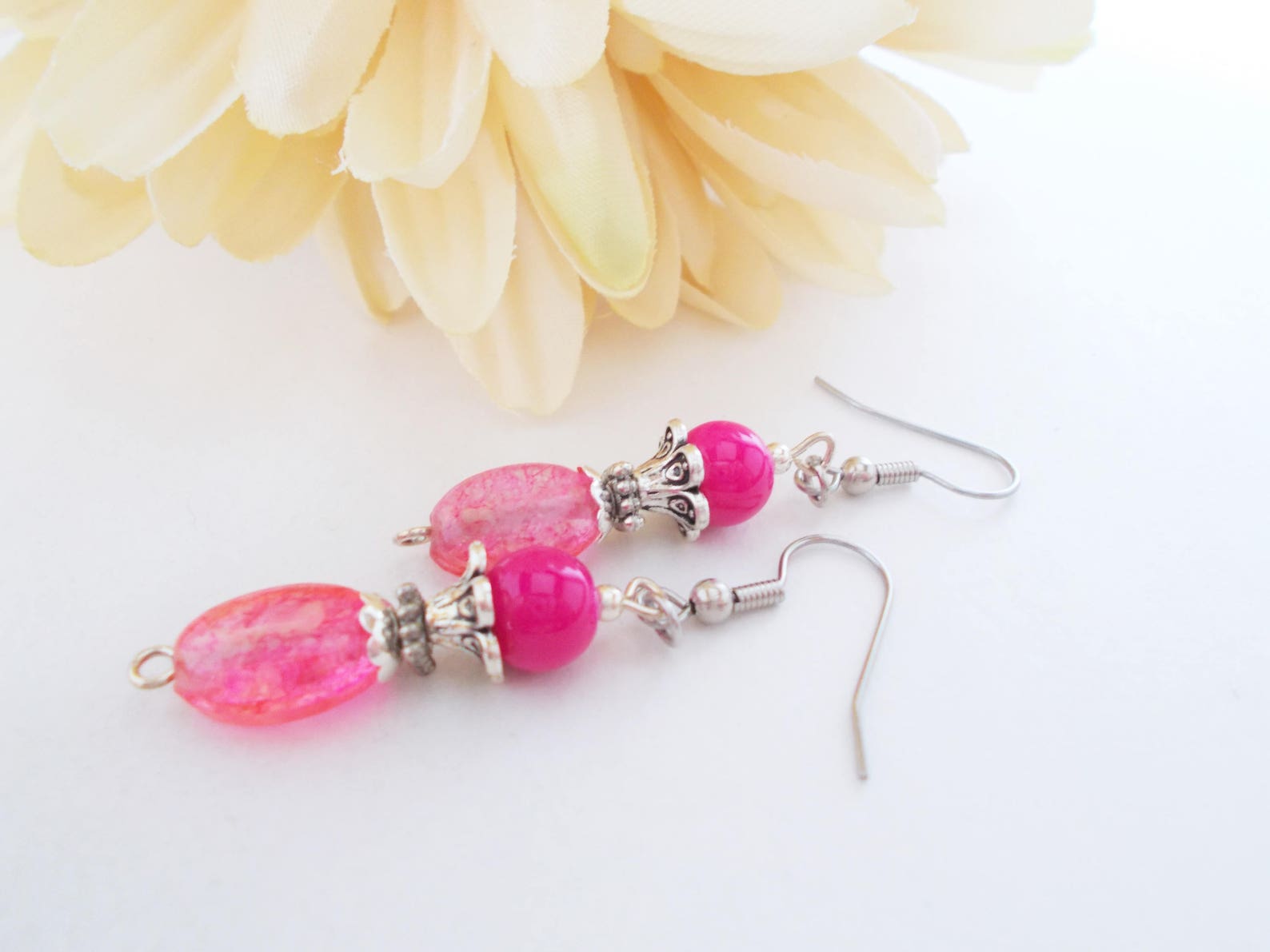 Fuchsia Earrings Hot Pink Beaded Dangle Earrings Sterling Etsy