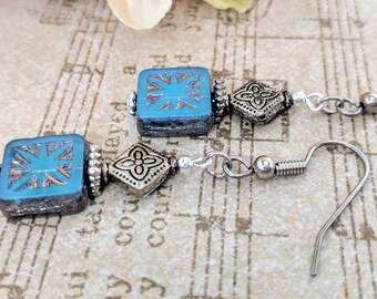 Sterling Silver Dusty Blue Earrings Dangle, Hypoallergenic, Boho Chic Earrings Silver Czech Glass Earrings Lever, Cute Earrings for Preteen