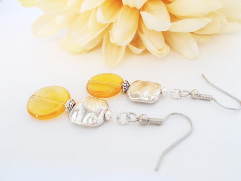 Sterling Silver Amber Earrings Dangle, Pewter Earrings, Honeycore, Hypoallergenic, Artisan Earrings Unique Design, Boho Chic Earrings Gold image 6