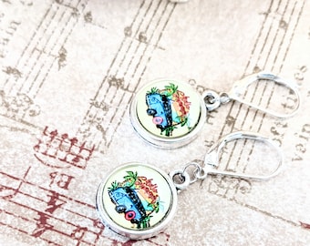 Sterling Silver Camper Earrings Dangle, Minimalist Earrings Happy Camper, Mothers Day Gift for Mom, Outdoors Lover Jewelry Boho Chic Earring