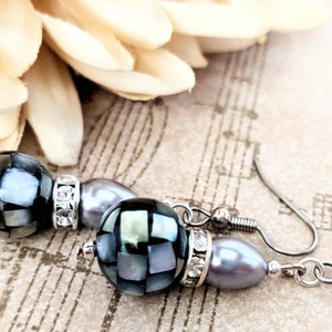 Sterling Silver Pearl Teardrop Earrings Dangle, Mother of Pearl Earrings Organic Jewelry, Hypoallergenic, Mosaic Earrings Black, Artisan image 6