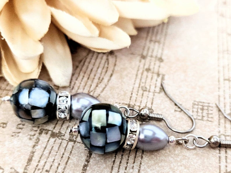 Sterling Silver Pearl Teardrop Earrings Dangle, Mother of Pearl Earrings Organic Jewelry, Hypoallergenic, Mosaic Earrings Black, Artisan image 6