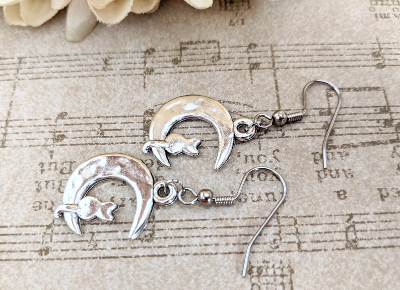 Sterling Silver Cat on the Moon Earrings Dangle, Celestial Jewelry Witchy Gifts for Women, Birthday Gifts for Cat Lovers, Vet Gift for Her image 6