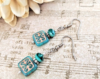 Sterling Silver Aqua Earrings, Boho Earrings Dangle, Summer Earrings Casual, Artisan Earrings Czech Glass Jewelry, Ocean Green Earrings Gift