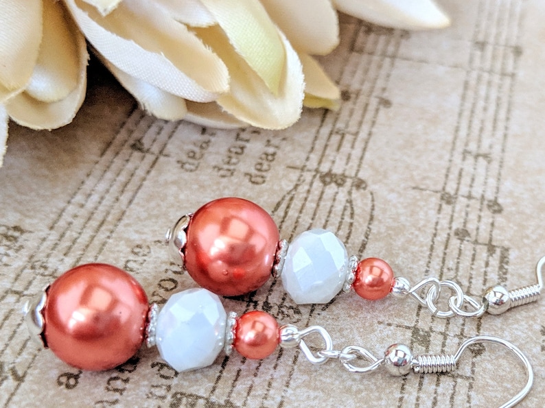 Bridesmaids Jewelry Gift for Her Spring Wedding Jewelry Artisan Coral Pearl Earrings Boho Dangle Earrings Handmade Jewelry Gift for Women