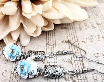 Sterling Silver Robins Egg Blue Earrings, Cottagecore Jewelry, Mothers Day Gift from Son, Ceramic Floral Earrings Dangle, Sensitive Earrings