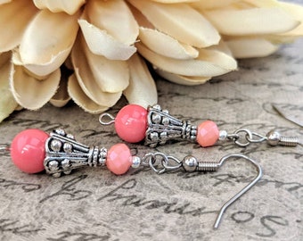 Sterling Silver Pink Coral Earrings, Teardrop Earrings, Wedding Jewelry for Bridesmaids Gift, Victorian Earrings, Mothers Day Gift for Mom
