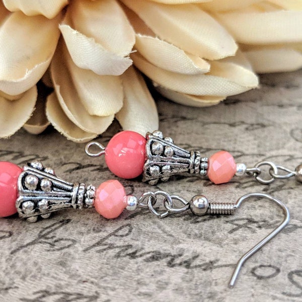 Sterling Silver Pink Coral Earrings, Teardrop Earrings, Wedding Jewelry for Bridesmaids Gift, Victorian Earrings, Mothers Day Gift for Mom