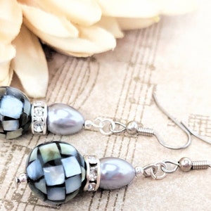 Sterling Silver Pearl Teardrop Earrings Dangle, Mother of Pearl Earrings Organic Jewelry, Hypoallergenic, Mosaic Earrings Black, Artisan image 2