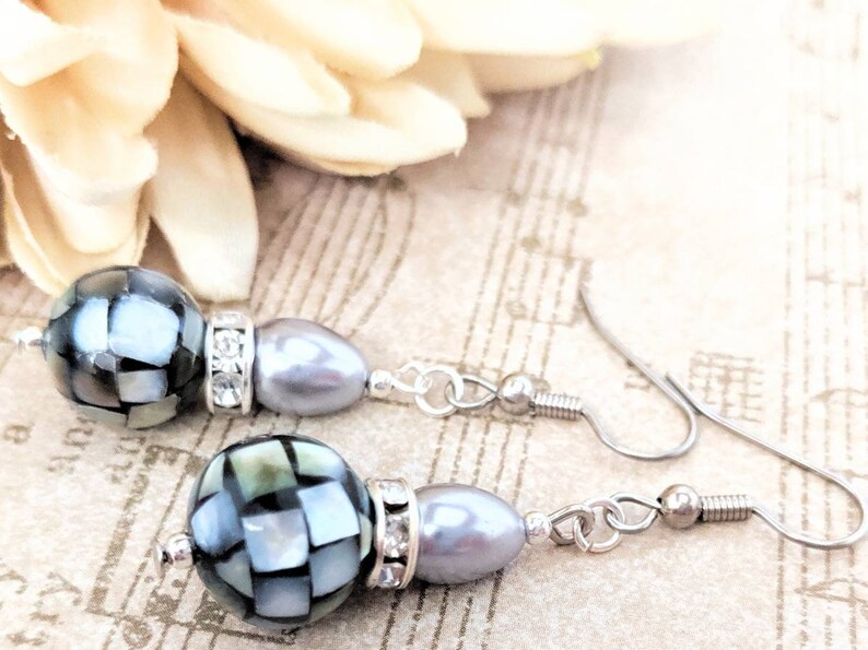 Sterling Silver Pearl Teardrop Earrings Dangle, Mother of Pearl Earrings Organic Jewelry, Hypoallergenic, Mosaic Earrings Black, Artisan image 2