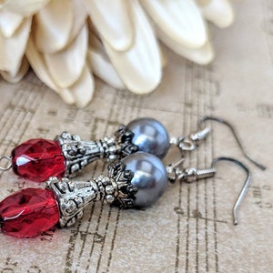 Sterling Silver Red Earrings Dangle, June Birthstone Jewelry Gift for Wife, Valentines Day Gift for Women, Pewter Earrings, Artisan Jewelry image 2