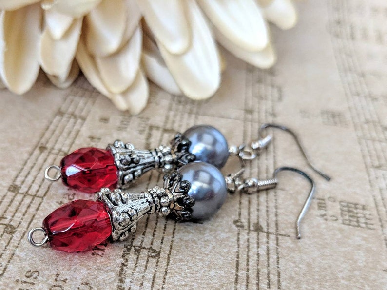 Sterling Silver Red Earrings Dangle, June Birthstone Jewelry Gift for Wife, Valentines Day Gift for Women, Pewter Earrings, Artisan Jewelry image 2