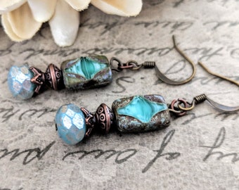 Boho Dangle Earrings Aqua, Copper Anniversary Gift for Wife, Turquoise Earrings Bronze, Nickel Free Earrings for Women, Gift for Girlfriend