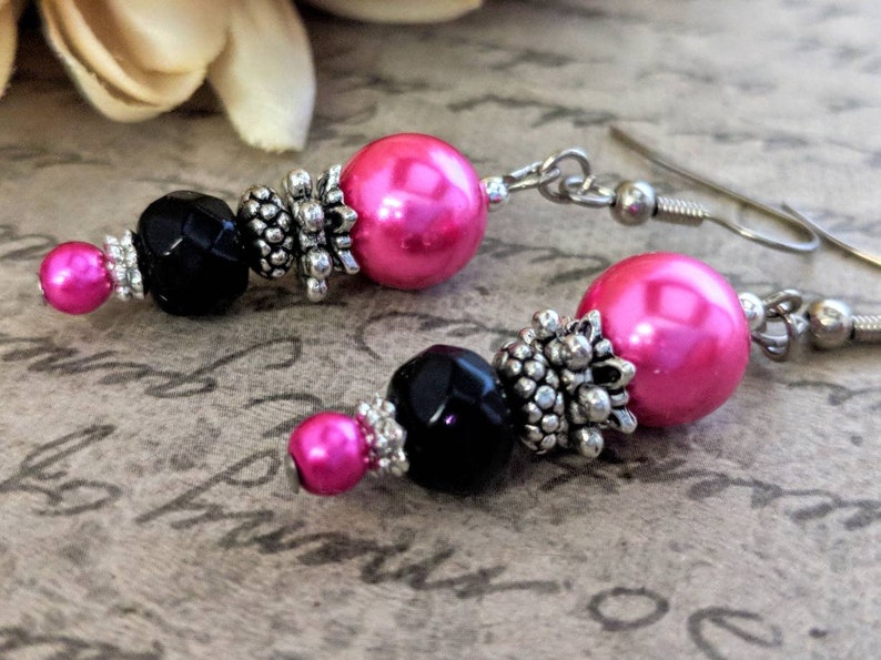 Sterling Silver Hot Pink Earrings Dangle, Hypoallergenic, Pearl Earrings Bridesmaids Gift for Her, Fuchsia Earrings, Barbiecore Jewelry image 4