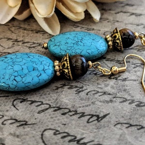 Turquoise Earrings Gold, Boho Dangle Earrings Handmade, Organic Earrings, Chunky Earrings Bohemian, Birthday Gift for Her, Statement Jewelry image 1