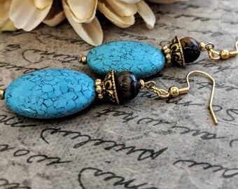 Turquoise Earrings Gold, Boho Dangle Earrings Handmade, Organic Earrings, Chunky Earrings Bohemian, Birthday Gift for Her, Statement Jewelry