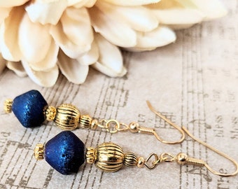 Navy Earrings for Women Gift Jewelry Handmade, Boho Dangle Earrings Gold Leverback Earrings, Birthday Gift for Daughter, Artisan Earrings