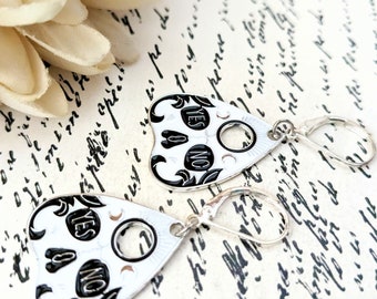 Sterling Silver Spirit Board Jewelry, Ouija Earrings, Black White Planchette Earrings, Whimsigoth Gift for Daughter, Halloween Jewelry Gift