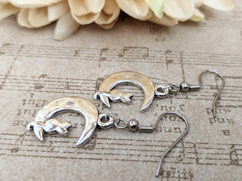 Sterling Silver Cat on the Moon Earrings Dangle, Celestial Jewelry Witchy Gifts for Women, Birthday Gifts for Cat Lovers, Vet Gift for Her image 4