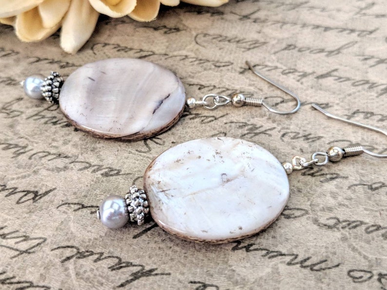 Sterling Silver Mother of Pearl Earrings Dangle, Hypoallergenic, Boho Earrings Handmade, Mothers Day Gift for Mom, Wedding Jewelry for Bride image 4