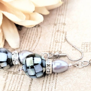 Sterling Silver Pearl Teardrop Earrings Dangle, Mother of Pearl Earrings Organic Jewelry, Hypoallergenic, Mosaic Earrings Black, Artisan image 3