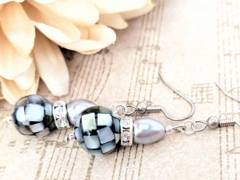 Sterling Silver Pearl Teardrop Earrings Dangle, Mother of Pearl Earrings Organic Jewelry, Hypoallergenic, Mosaic Earrings Black, Artisan image 3