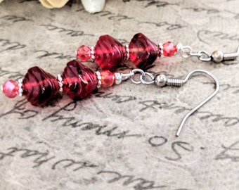 Pendientes rojos de plata de ley cuelgan, pendientes Art Déco joyería Boho Chic, regalo de cumpleaños para esposa, pendientes sin níquel para mujer, clip on