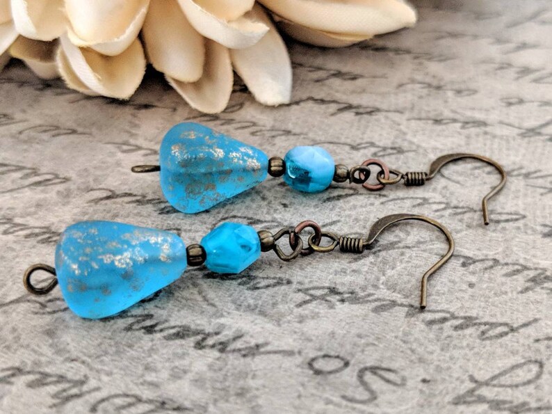 Teardrop Earrings Dangle, Aqua Earrings Bronze, Mothers Day Gift for Wife, Boho Earrings for Women, Ocean Blue Earrings Handmade Jewelry image 5