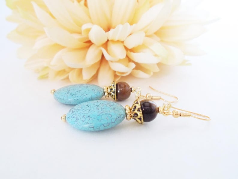 Turquoise Earrings Gold, Boho Dangle Earrings Handmade, Organic Earrings, Chunky Earrings Bohemian, Birthday Gift for Her, Statement Jewelry image 8