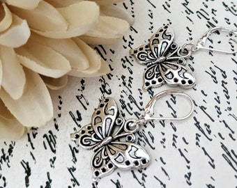 Sterling Silver Butterfly Earrings Dangle, Nonpierced Earrings Gift for Women, Vintage Butterfly Jewelry Gift for Her, Whimsical Earrings