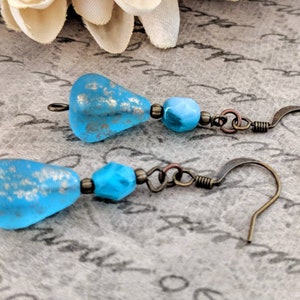 Teardrop Earrings Dangle, Aqua Earrings Bronze, Mothers Day Gift for Wife, Boho Earrings for Women, Ocean Blue Earrings Handmade Jewelry image 1