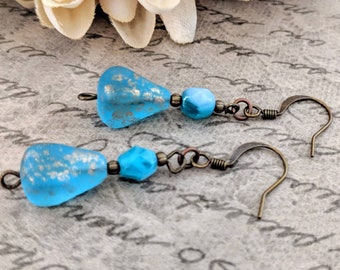 Teardrop Earrings Dangle, Aqua Earrings Bronze, Mothers Day Gift for Wife, Boho Earrings for Women, Ocean Blue Earrings Handmade Jewelry