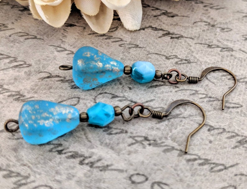 Teardrop Earrings Dangle, Aqua Earrings Bronze, Mothers Day Gift for Wife, Boho Earrings for Women, Ocean Blue Earrings Handmade Jewelry image 1