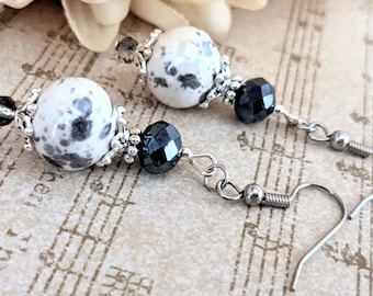 Sterling Silver Ceramic Earrings Dangle, Black and White Earrings, Birthday Gift Ideas for Her, Bohemian Earrings, Mothers Day Gift for Wife