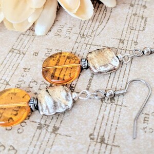 Sterling Silver Amber Earrings Dangle, Pewter Earrings, Honeycore, Hypoallergenic, Artisan Earrings Unique Design, Boho Chic Earrings Gold image 1