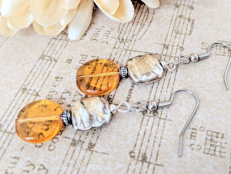 Sterling Silver Amber Earrings Dangle, Pewter Earrings, Honeycore, Hypoallergenic, Artisan Earrings Unique Design, Boho Chic Earrings Gold image 1