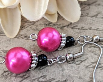 Sterling Silver Magenta Earrings Dangle, Hot Pink Earrings for Bridesmaids, June Birthstone Jewelry Gift for Mom, Nickel Free Earrings Clip