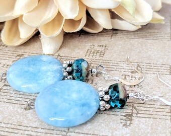 Sterling Silver Sky Blue Chalcedony Earrings, Peace Stone Metaphysical Jewelry, Hypoallergenic Earrings Dangle, Stress Relief Gift  for Her