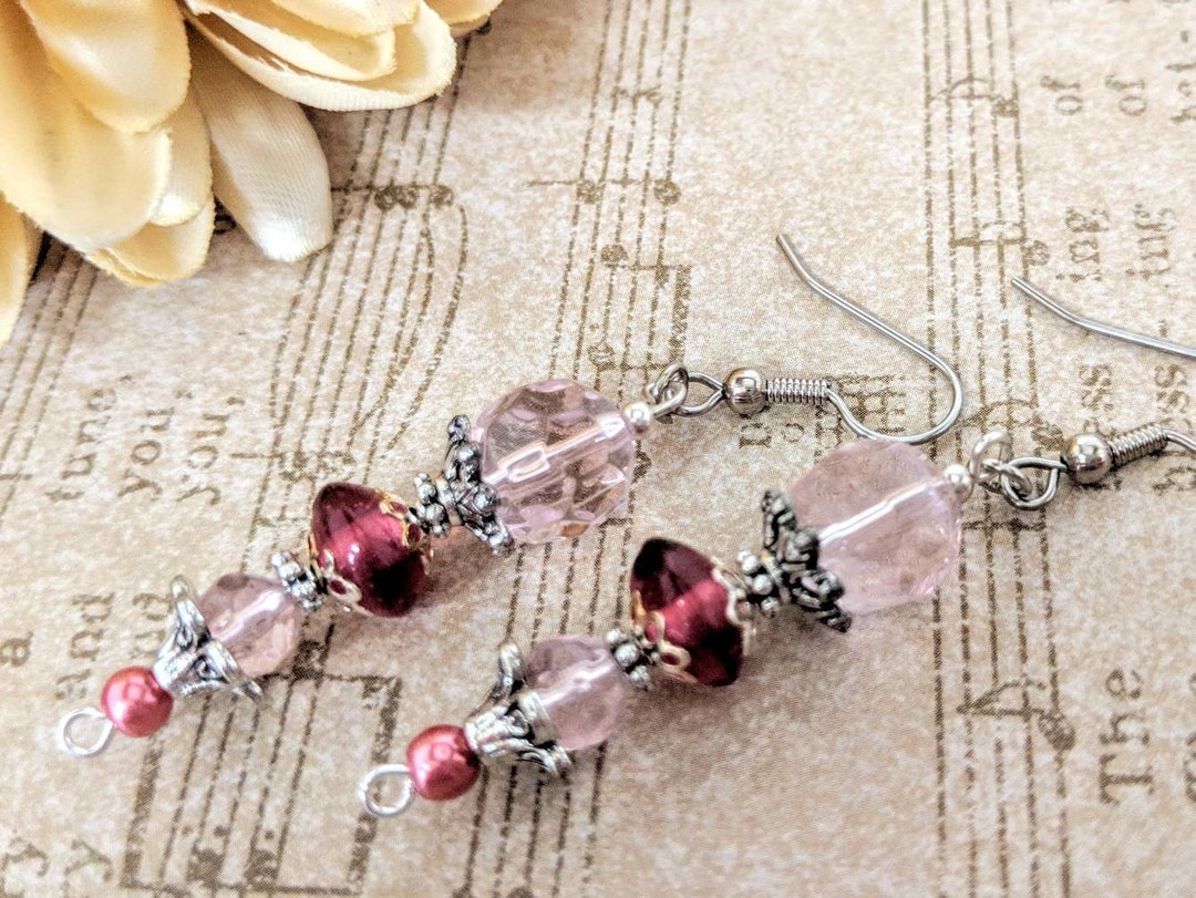 Sterling Silver Pink Earrings Dangle, Cranberry Glass Jewelry Boho Chic ...