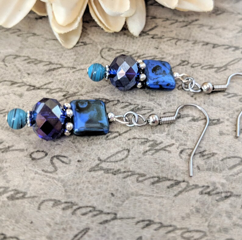 Bohemian Earrings French Blue Dangle Earrings Summer Wedding Jewelry Bridesmaids Earrings Sterling Silver Boho Bridal Earrings Navy Blue