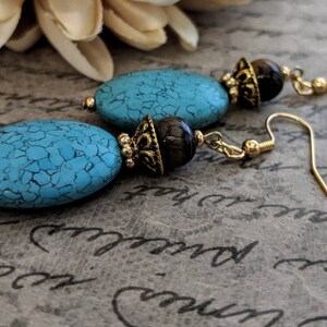 Turquoise Earrings Gold, Boho Dangle Earrings Handmade, Organic Earrings, Chunky Earrings Bohemian, Birthday Gift for Her, Statement Jewelry image 3