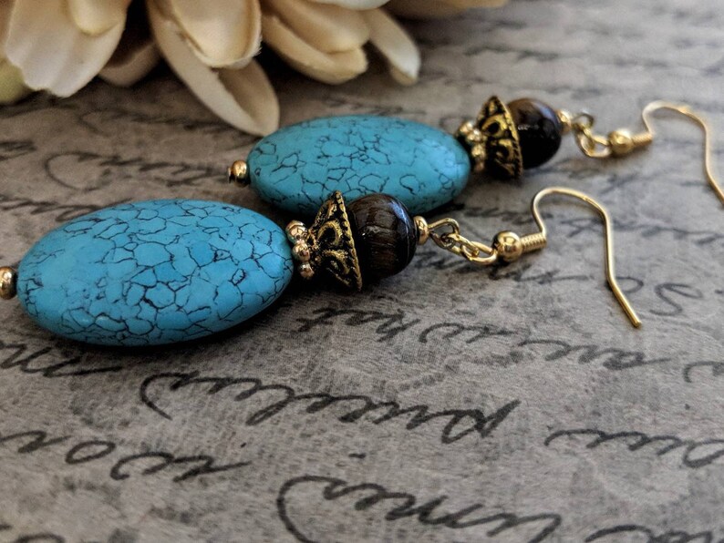 Turquoise Earrings Gold, Boho Dangle Earrings Handmade, Organic Earrings, Chunky Earrings Bohemian, Birthday Gift for Her, Statement Jewelry image 3